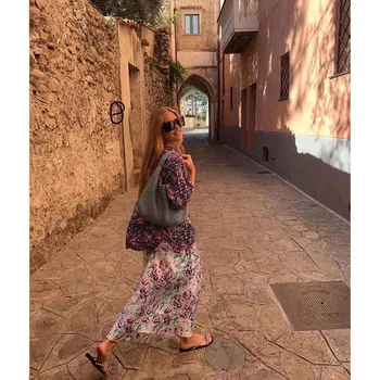 

Women Silk Floral Painting Printed Midi Skirt High elastic waistband Fashion Long Skirts 2020