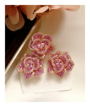 

JEWELRY SETS FOR WOMEN S925 SILVER NEEDLES PINK CZ STEREOSCOPIC ROSE FLOWER OPEN ADJUSTABLE STUD EARRINGS INDEX FINGER RING
