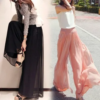 

Women Loose Mid Waist Solid colour Wide Leg Pants Bohemian Casual Long Trousers