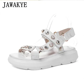 

White Leather Platform Sandals Pearl Studed Girl's Fashion Summer Beach Shoes Pink Black Leather Flat Heel Casual Sandals