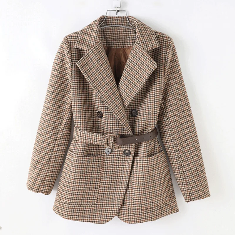 New Korean OL Plaid Work Woolen Blazer Jacket Women Casual Double-breasted Sashes Suit Coat Female Slim Vintage Blazer Outwear