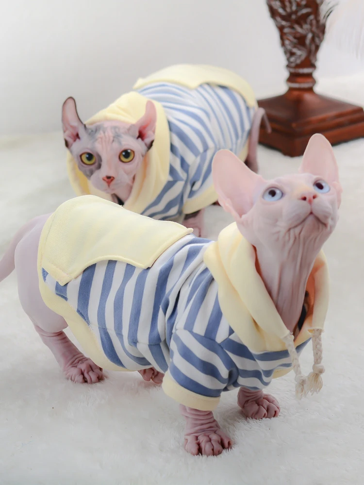 스트라이프 고양이 옷 겨울 따뜻한 코튼 새끼 고양이 후드 티 소프트 스핑크스 의상 스핑크스 고양이 자켓 코트 작은 중형 개 고양이
