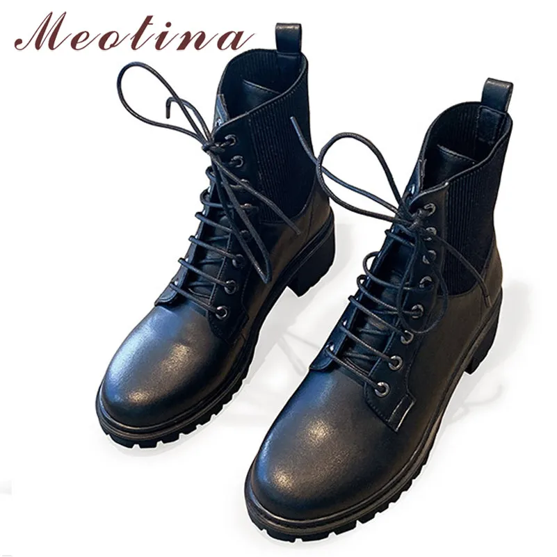 

Meotina Winter Ankle Boots Women Natural Genuine Leather Chunky Heel Short Boots Lace Up Round Toe Shoes Ladies Autumn Size 4-10