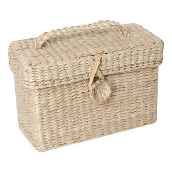 

Handmade Rattan Small Storage Box with Lid for Bulk Sundries Organizer Vintage Straw Basket Jewelry Case Container