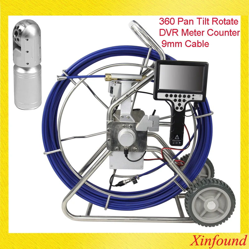 

120M 50mm Pan Tilt Rotate Pipe Drain Sewer Duct Video Inspection Camera System DVR Meter Counter 9inch LCD 9mm 120m Cable