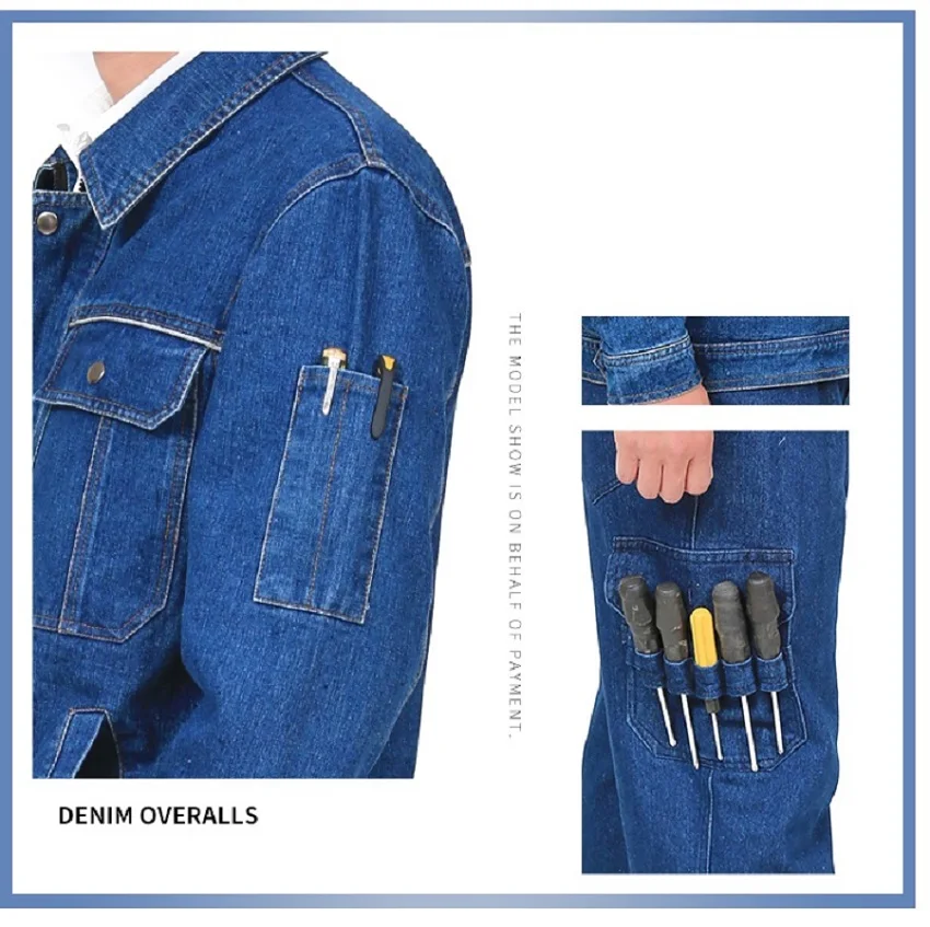 용접 의류 데님 작업복, 긴 소매 내구성 내마모성 청바지 재킷 바지, 멀티 포켓 전기 수리공