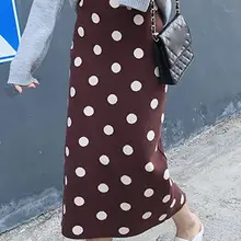 Женские осенне-зимние вязаные юбки с высокой талией, повседневные Мягкие миди юбки с разрезом, винтажные вязаные юбки-свитера в горошек