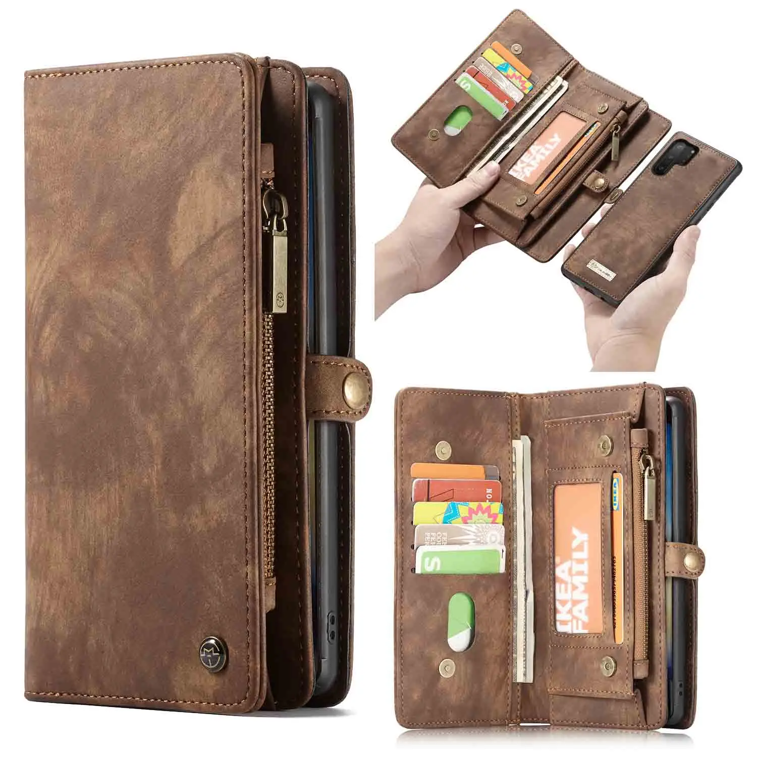 brown Чехол для телефона samsung Note10 Plus, 2 в 1, съемный бумажник для нескольких карт на молнии, Новое поступление, кожаный чехол - Цвет: brown
