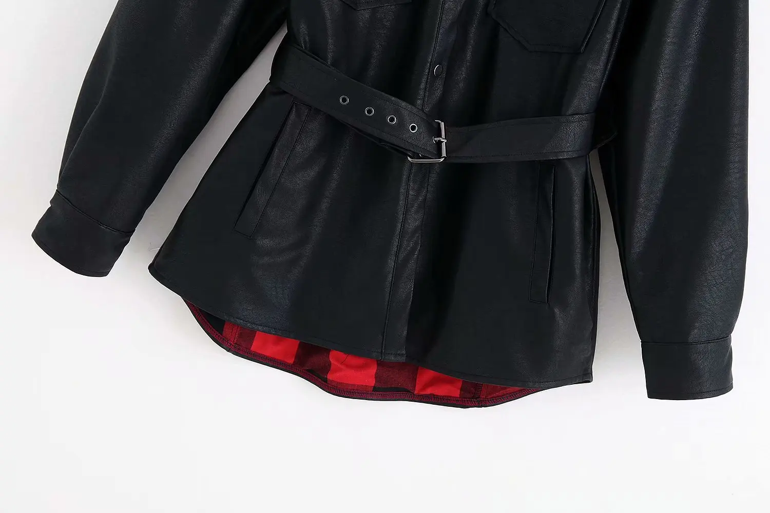 Imitation leather Jacket Belt Single Breasted Slim Long Jacket Women Streetwear Black Button Coat Windbreaker