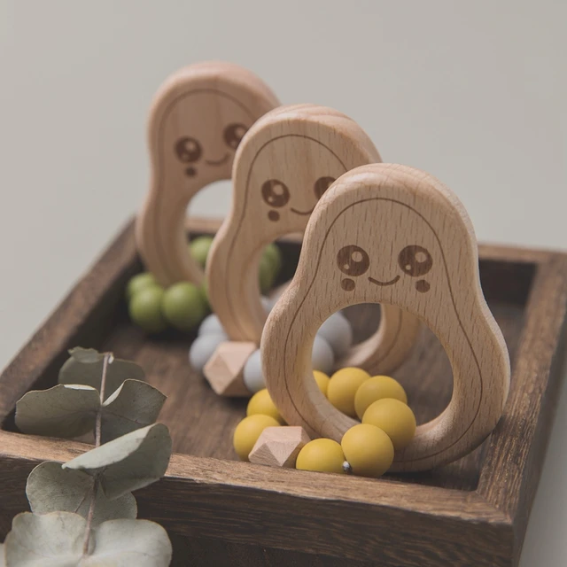 1pc Baby Teether Wooden Avocado Beads Nursing Bracelet BPA Free Silicone Crib Rattle Teething Beads Baby Rattles Nurse Gifts Toy 4