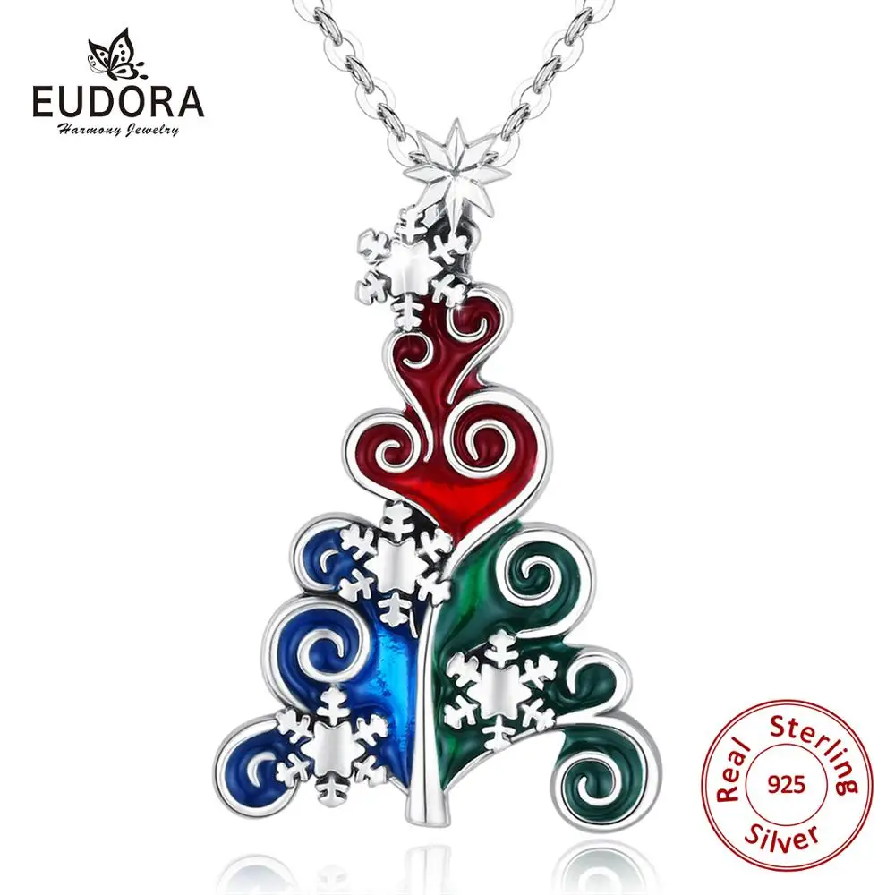 

EUDORA 925 Sterling Silver Multicolor Christmas Tree Pendant Necklace Christmas Snow Decoration Jewelry for Xmas Day Gift CYD607
