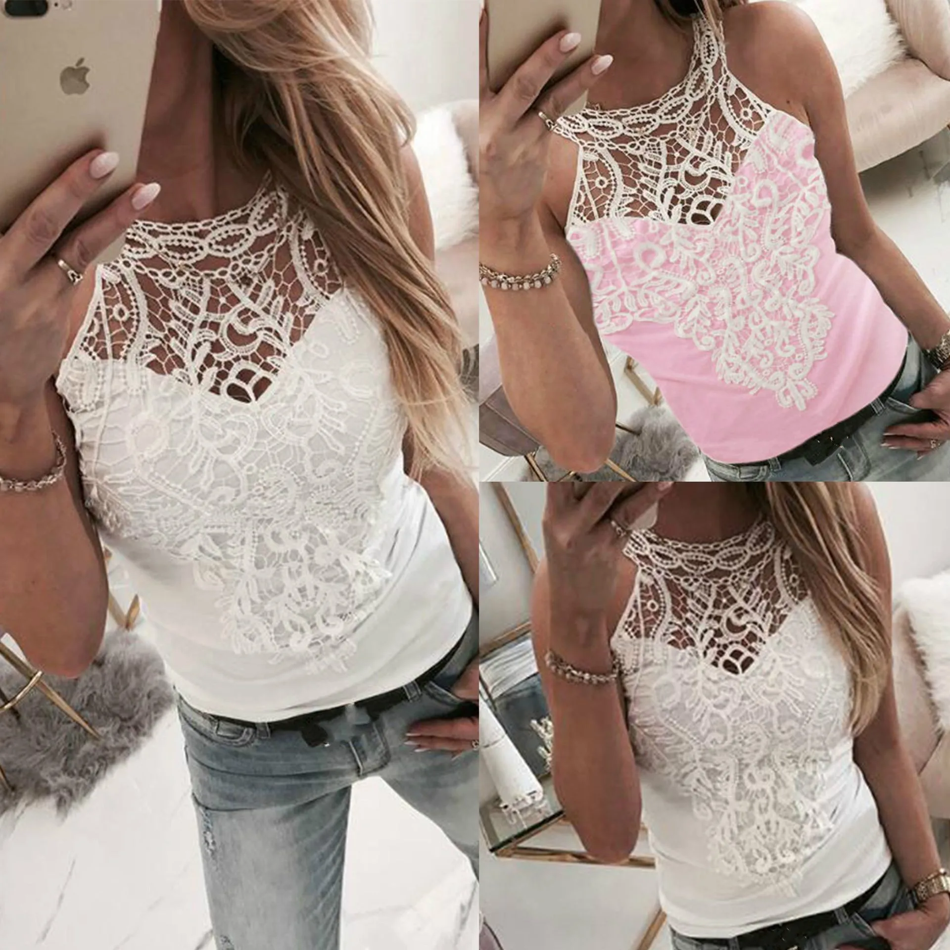 

2019 Summer Sexy Lace Hollow Out Patchwork Turtleneck Sleeveless Womens Tops and Blouse Sexy Tops and Shirt