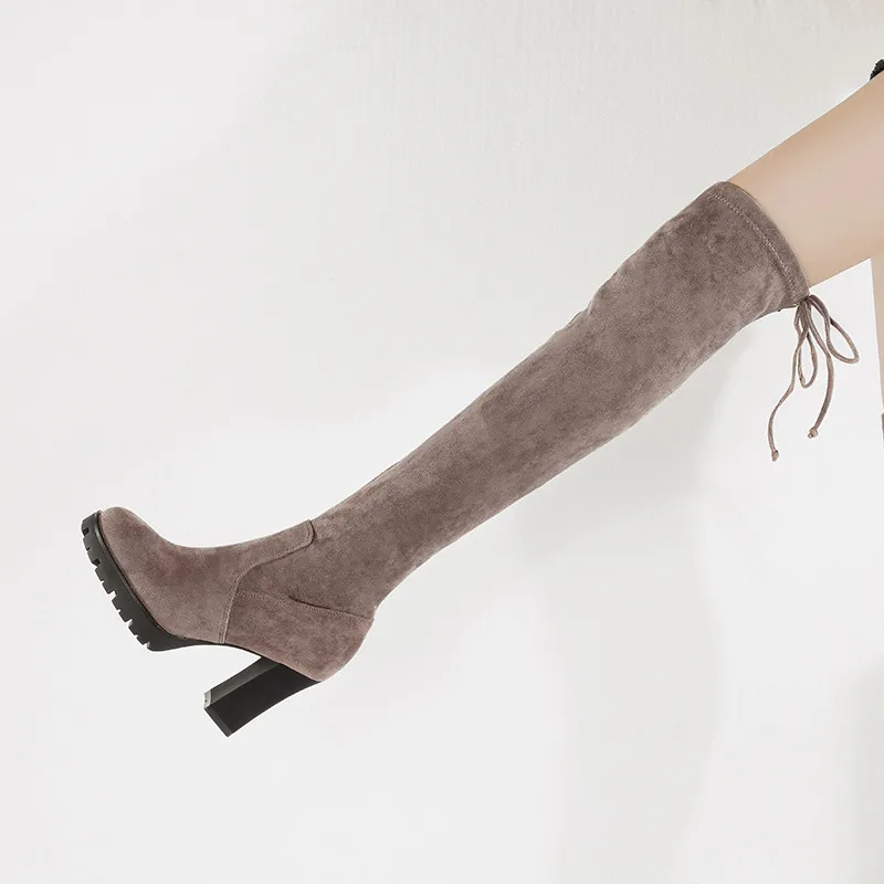 Г., Зимние Замшевые женские сапоги на высоком каблуке эластичные узкие Сапоги выше колена на платформе теплые высокие сапоги на высоком каблуке Женская обувь - Цвет: Gray