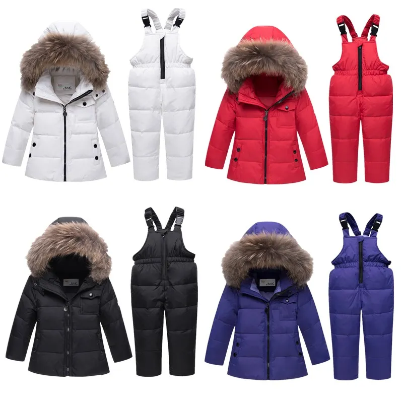 

-30 Degrees Baby Kids Thickening Warm Duck Down Jacket+Down Pant Infant Real Fur Collar Winter Down Set Child Ski Suit