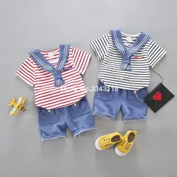 Летние комплекты одежды в полоску с моряком для маленьких мальчиков футболка в полоску с короткими рукавами для малышей + шорты комплекты