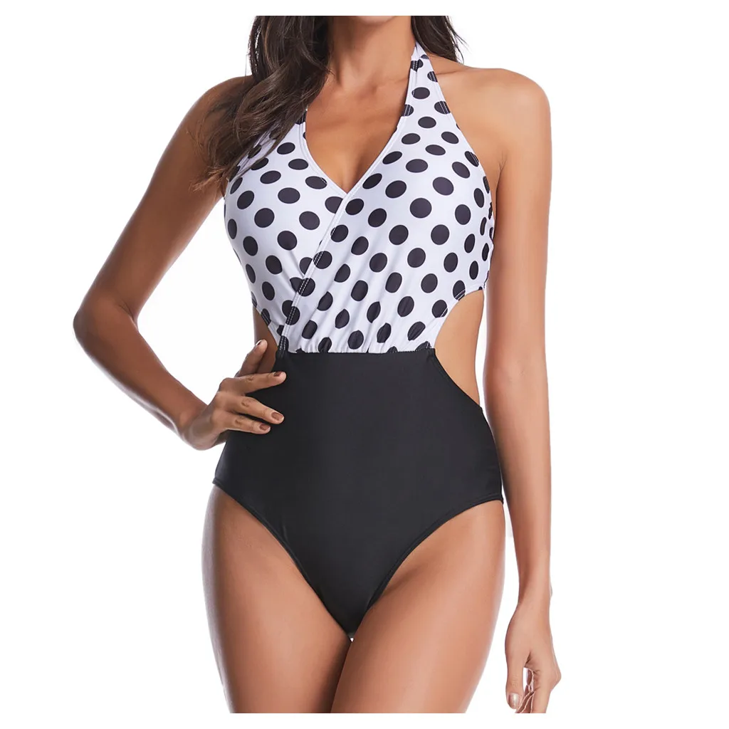 Женский купальный костюм с принтом в горошек пляжный лямкой на шее пляжная