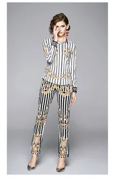 

Fashion Runway Stripe Printed Pants Suit Women's Long Sleeve Bow Collar Blouse Top + Wild Slim Long Pant Suit Two Pieces Set