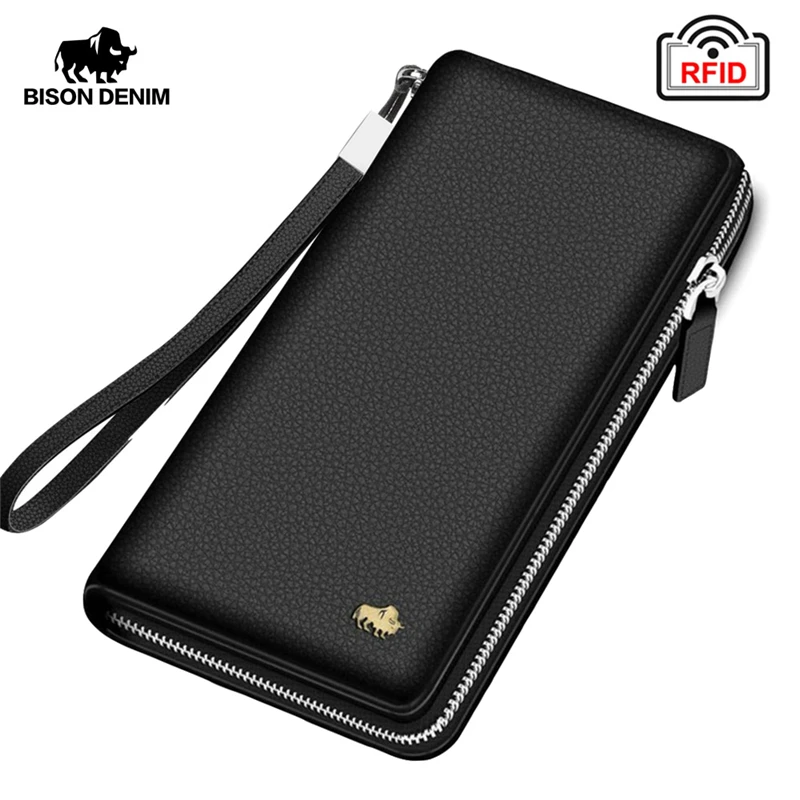  BISON DENIM Brand Genuine Leather Wallet RFID Blocking Clutch Bag Wallet Card Holder Coin Purse Zip - 32835553042
