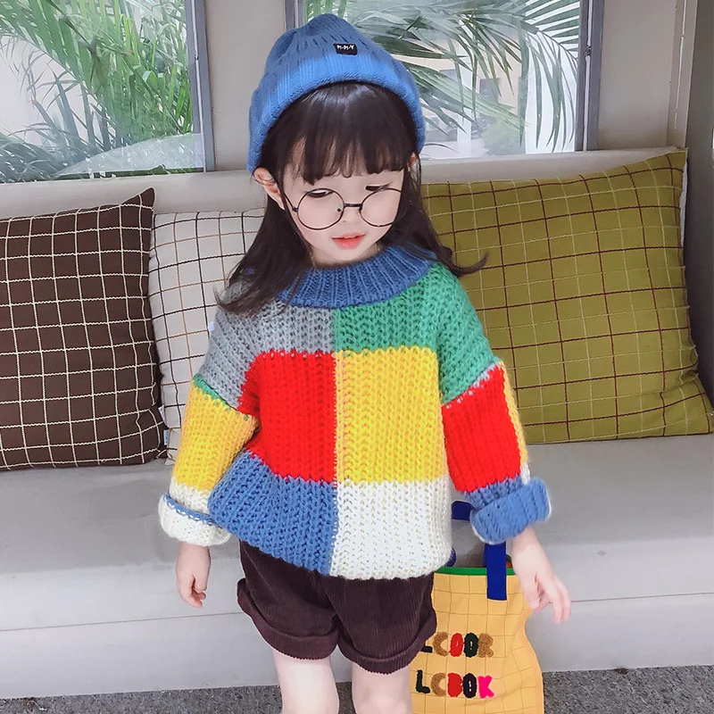 

2019 New Style Girls Mixed Colors Sweater chao yang Gas Baby Girls Loose-Fit Sweater Autumn And Winter Thick Thread Korean-style