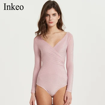 

Autumn Knitted Sexy Low Cut Bodysuit Women Sliver Ping V Neck Female Long Sleeve Jumpsuit Office Lady Slim Top Chic INKEO 9J013