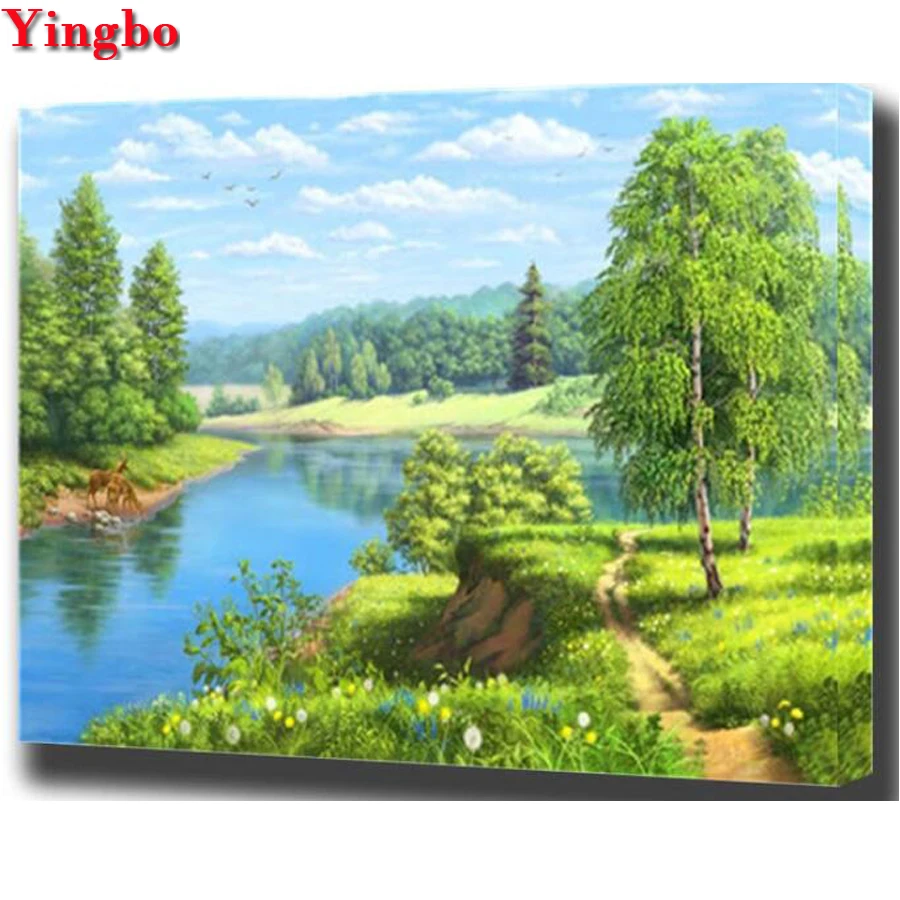 

Diamond painting cross stitch natural lake tree forest spring landscape diamond embroidery bead 3d picture of rhinestones Mosaic