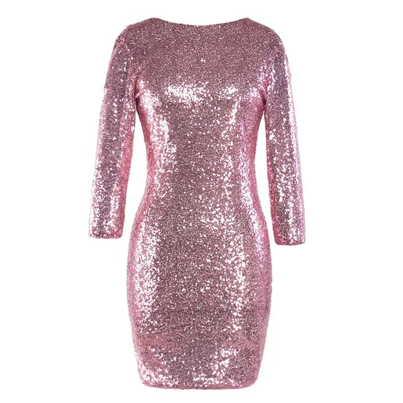 Модное женское платье с блестками, женское платье с рукавом 3/4, блестящее вечернее платье с v-образным вырезом на спине, платья с блестками размера плюс, повседневное мини-платье Vestido