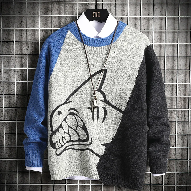 

New Mens Shark Printing Knitted Sweater Man Patchwork Sweaters Jumper Pullover Hip Hop Harajuku Sweater