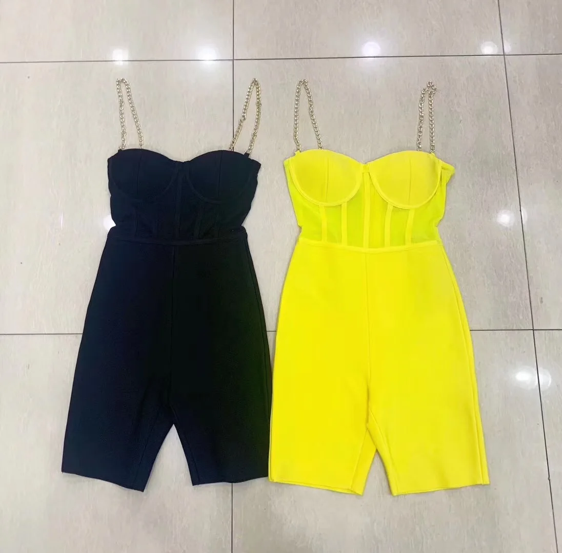 Simly Tara New Summer Bandage Jumpsuit Rompers Sexy Sleeveless Yellow Black Bodycon Night Club Playsuits