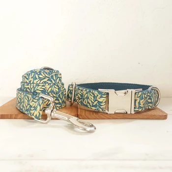 

Girl Dog Collar Leash Set, Golden Leaf Carved Adjustable Necklace, Free Knitted Cotton Belt, And Name The For Dog ID