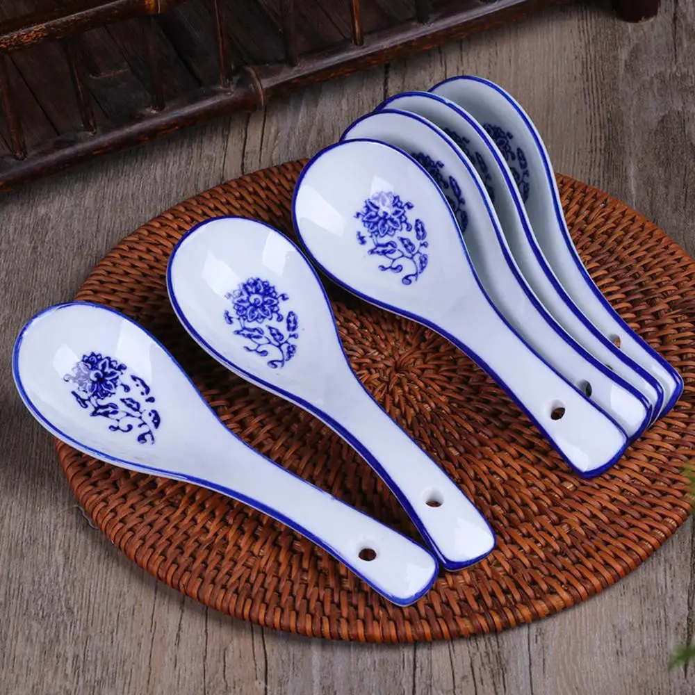 5pcs Blue Ceramic Spoon Chinese Style Ceramic Spoon Porcelain Soup