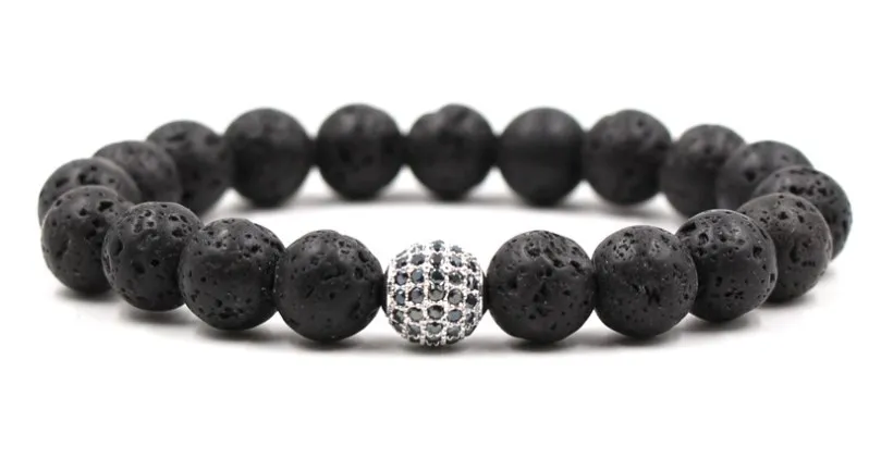 10mm yh534 elastic adjusted nature black stone volcanic lava bead micro pave cz zircon cubic zirconia ball Bracelet | Украшения и