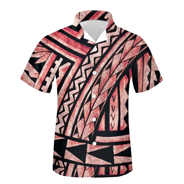FORUDESIGNS Summer Men Shirts Polynesian Tribe Design Casual Loose Beach Camisas Oversized Chemise Homme V-neck Men Clothing Hot Gold
