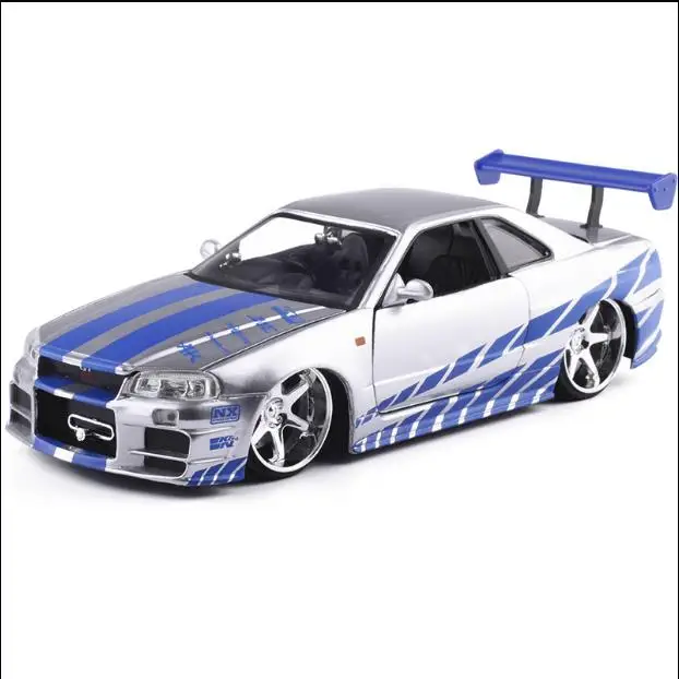 Koop 124 NISSAN R34 legering model auto, hoge simulatie glijden speelgoed, kinderen collectie geschenken, gratis verzending