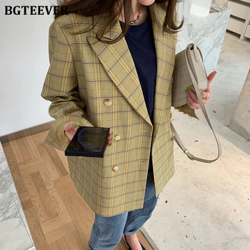 

BGTEEVER Office Ladies Plaid Women Blazer Double Breasted Blazer Jacket Femme 2020 Spring Vintage Loose Female Suits Jacket