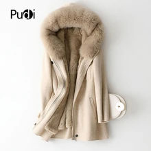 Женская зимняя шуба из натуральной шерсти Pudi, куртка с воротником из лисьего меха, пальто для леди, модное пальто с подкладкой из натурального меха кролика, верхняя одежда A59778