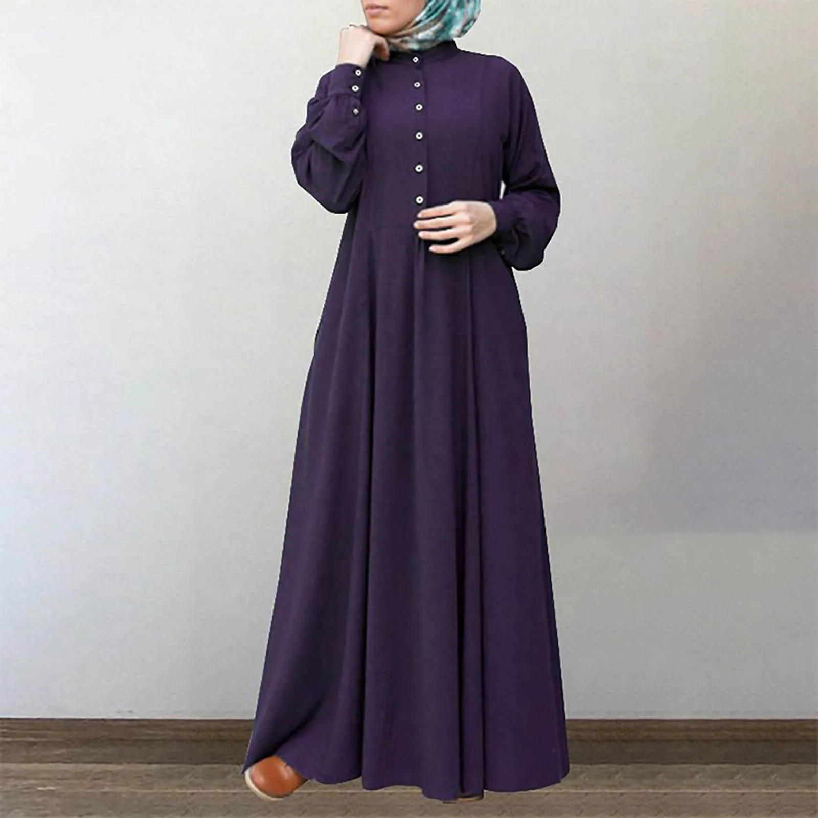 Autumn Long Dress Women Retro Long Sleeve Button Dress Female Solid Color Round Neck Cotton Maxi Dresses Vintage Vestido Mujer 1