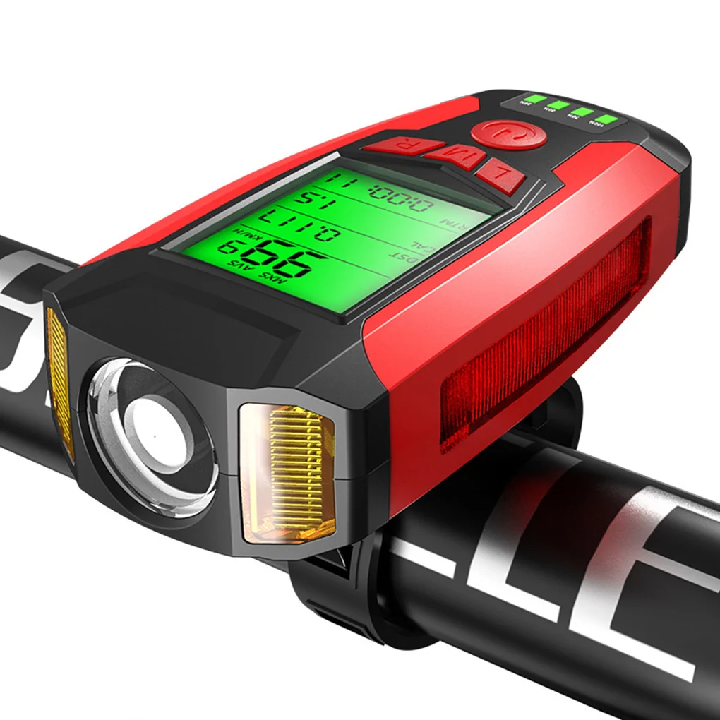 3 in 1 USB Bike Front Light 5 LED Bicycle Computer Horn Bicycle Flashlight IPX4 Waterproof Odometer Computer Speedometer