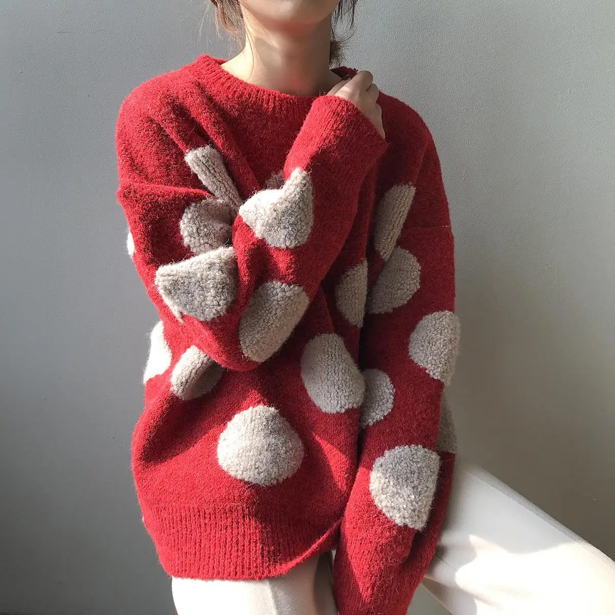 

New Women Polka Dot Sweater Oversized Jumper Casual Streetwear Cute Knitted = Pullover
