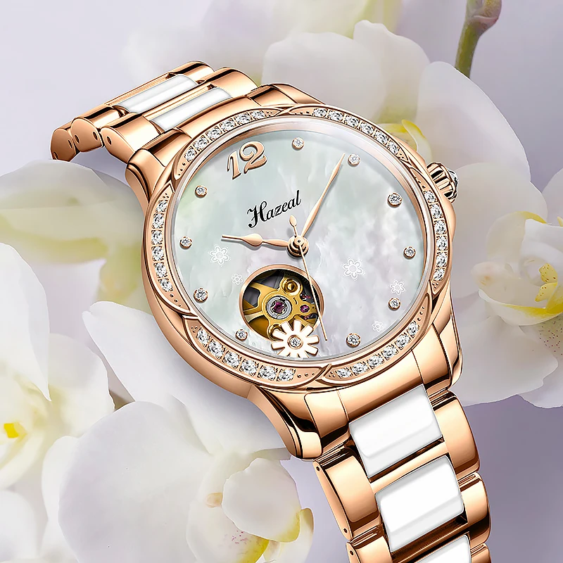 US $123.96 HAZEAL Ladies Mechanical Watches Shell Dial Elegant Seagull Movement Women Skeleton Watch With Ceramic Stainless Steel Strap