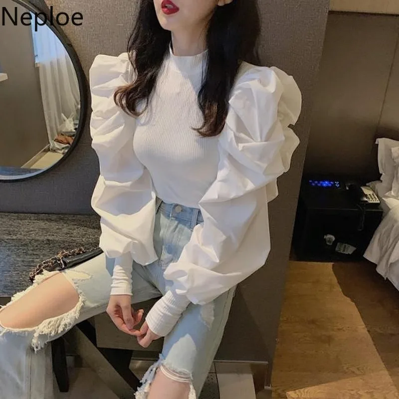 Neploe, Корейская, с круглым вырезом, пышная, длинный рукав, дизайнерская блузка, женская, из кусков, Вязанная, облегающая, короткая, Blusas, осень, весна, новая рубашка