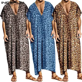 

INCERUN Fashion Leopard Print Men Robes Sleepwear Short Sleeve Casual Homewear V Neck Loose Bathrobes Men Muslim Kaftan Clothes