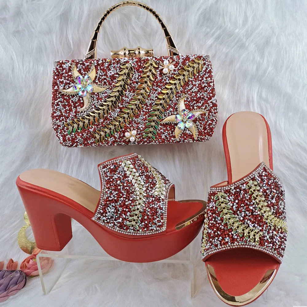 

Gorgeous Red Women Shoes Match Handbag With Rhinestones African Dress Pumps And Purse Set QSL048,Heel 9.7CM