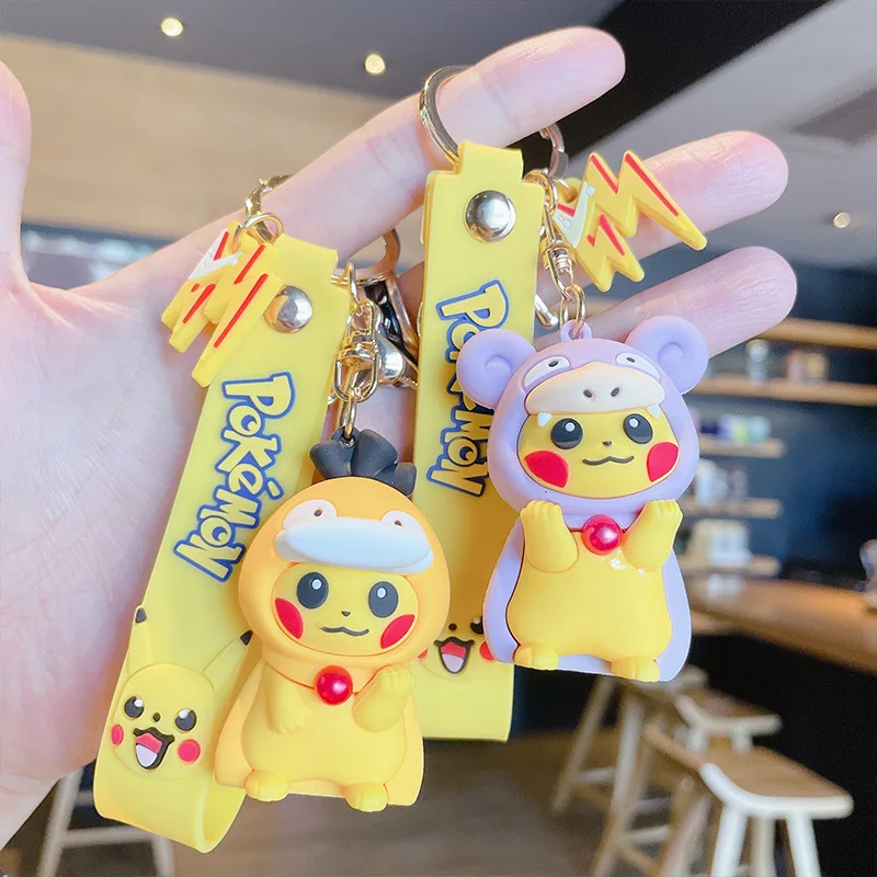 6 Styles Pokemon Keychains Pikachu Cosplay Psyduck Slowpoke Creative Anime Cartoon Key Chain Ornaments Dolls Toys Pendant Gifts
