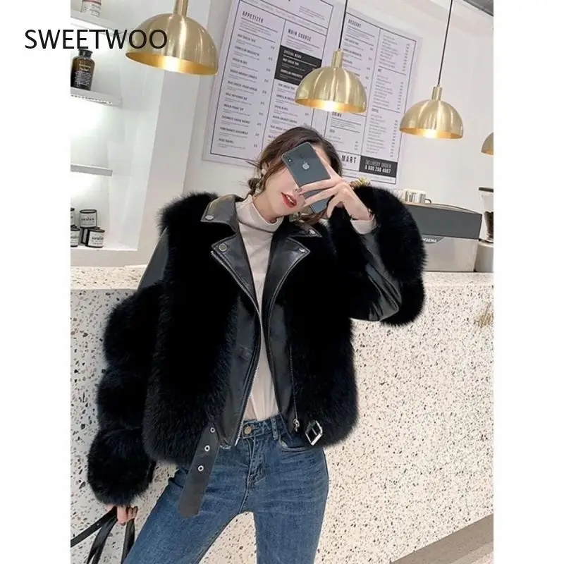 Fashion Faux Fox Fur Coats Women Winter Motorcycle Pu Leather Turn Down Collar Warm Jacket Outwear Luxury Female 2021