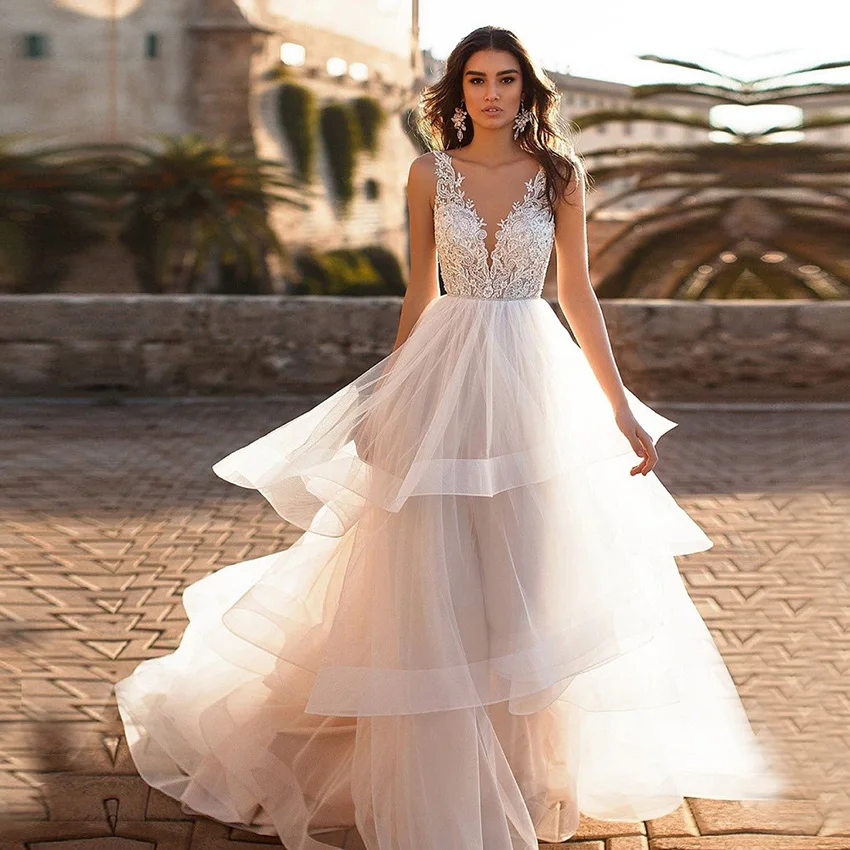 

Latest Elegant Deep V Neck Wedding Dress Custom Made Beaded A-line Ruffle Ivory Bridal Dresses Brautkleid 2019 Abito Da Sposa