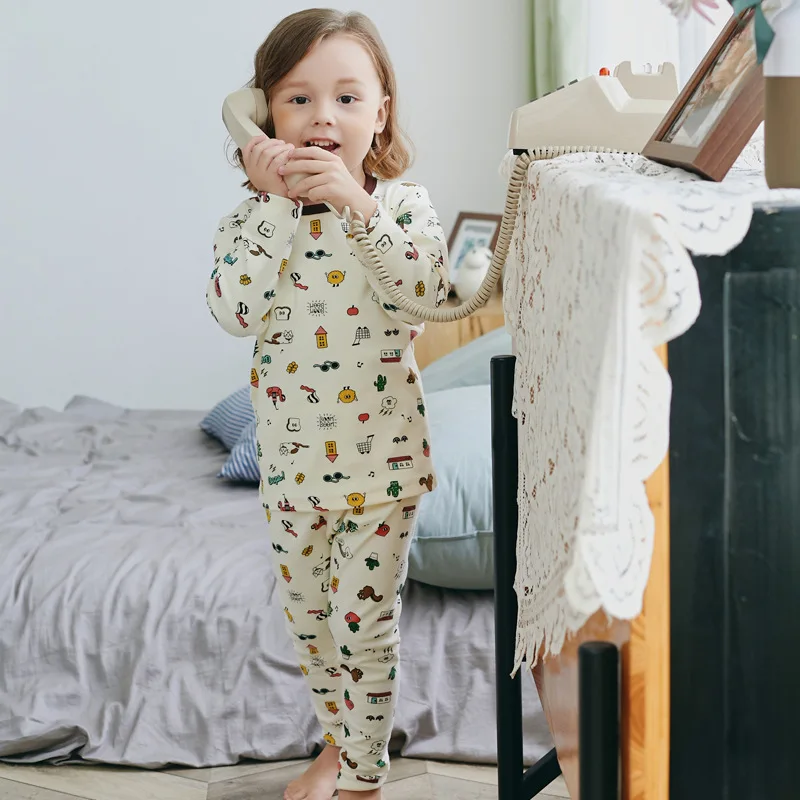 Зимняя пижама для девочек, детская одежда для сна, комплект термобелья с толстым принтом для девочек 4, 6, 8, 10, 12 лет, детское термобелье, одежда - Цвет: Бежевый