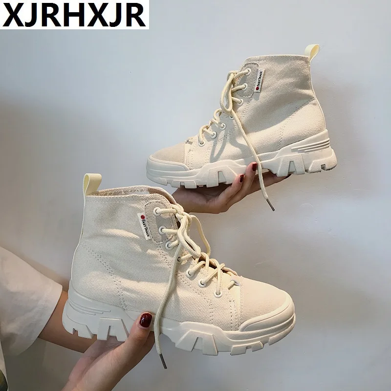 

XJRHXJR 2019 Women Autumn Fashion Slim Ankle Boots with Lace-up Casual Canvas Solid Ankle Boots Sneakers Shoes Mujer Booten