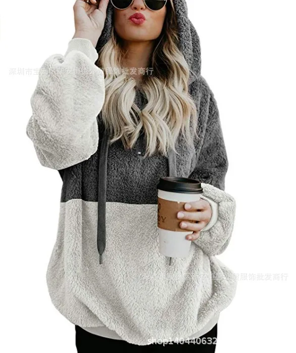  Winter Warm Casual Double Fuzzy 1/4 Zip Sweatshirt Faux Fleece Pocket Long Sleeve Oversize Sherpa P