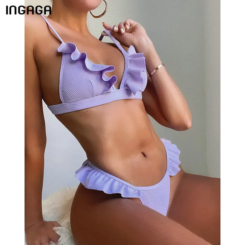 INGAGA Ribbed Bikinis Women's Swimsuits Sexy Ruffle Women's Swimwear 2021 Push Up Bathing Suits Thong High Cut Bikini Set Summer purple bikini set