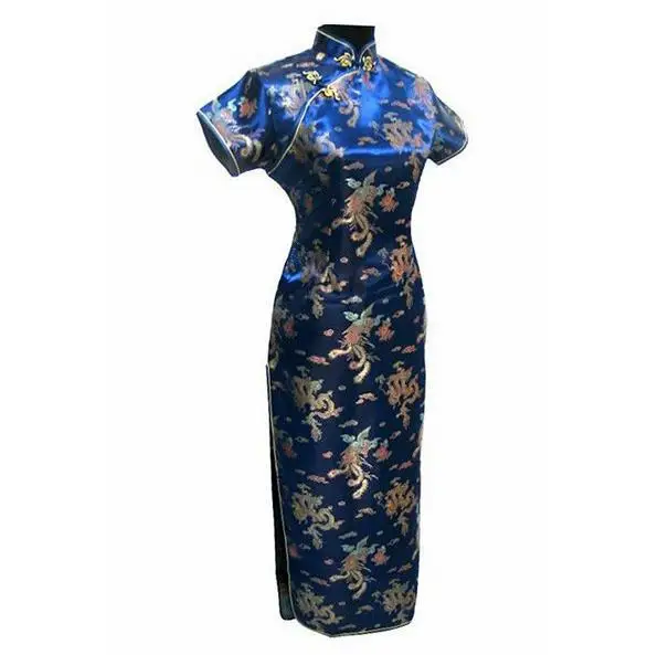 Элегантный воротник Мандарин Cheongsam Новинка для женщин вискоза Тонкий длинный Qipao Китайский стиль платье женское Винтаж Vestidos большой размер 6XL - Цвет: Navy Blue 1